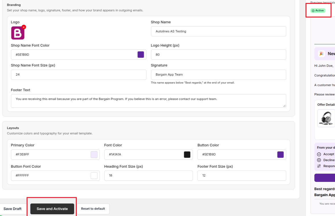 Email Active and Save